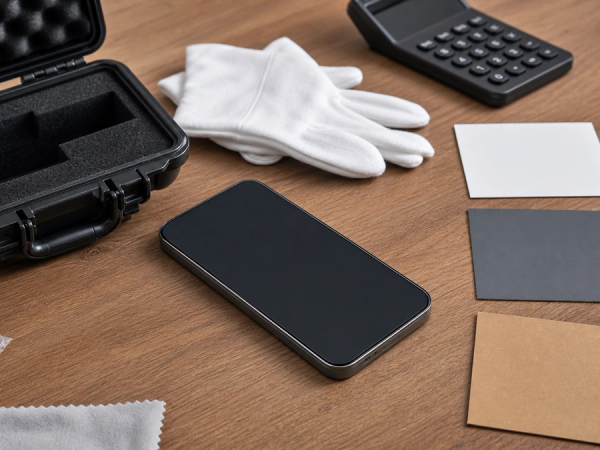 A premium unbranded phone photographed for resale beside three labelled but unreadable route cards, calculator, inspection gloves and shipping case, no logos