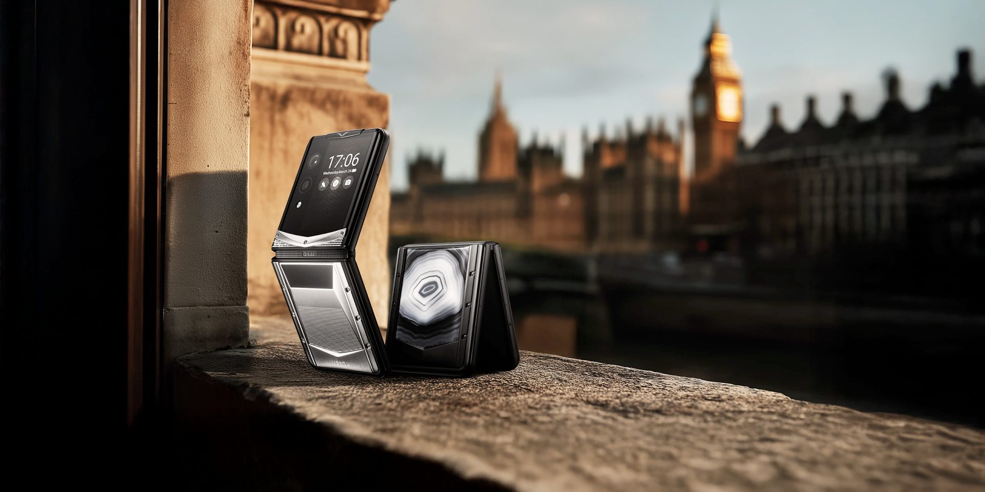 A sleek Android flip phone showcasing its dual-screen design.