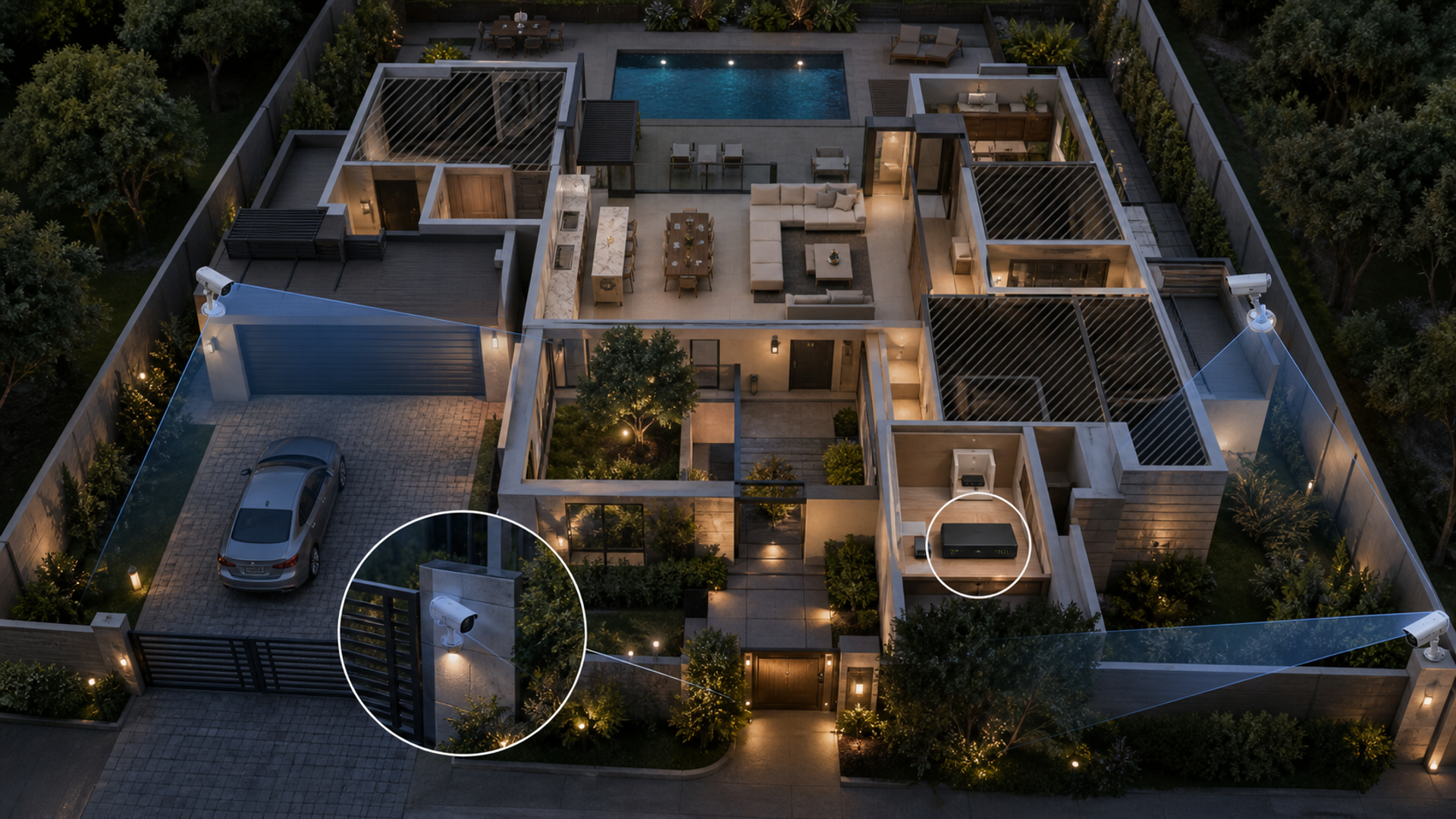 Home security camera coverage plan with local recorder and privacy zones