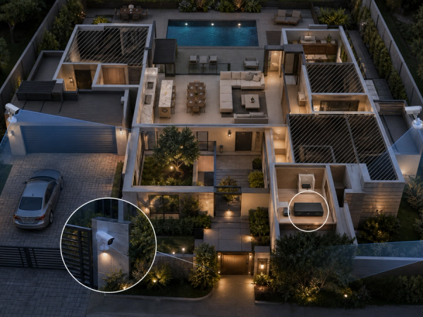 Home security camera coverage plan with local recorder and privacy zones