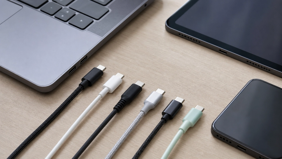 Several unbranded USB-C cables with different power and data capability markings beside a phone tablet and laptop