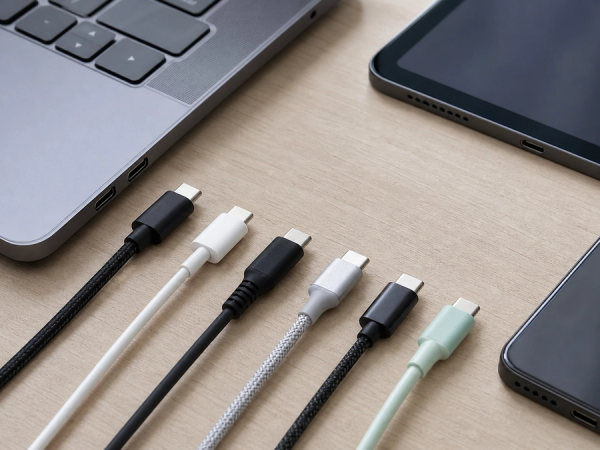Several unbranded USB-C cables with different power and data capability markings beside a phone tablet and laptop