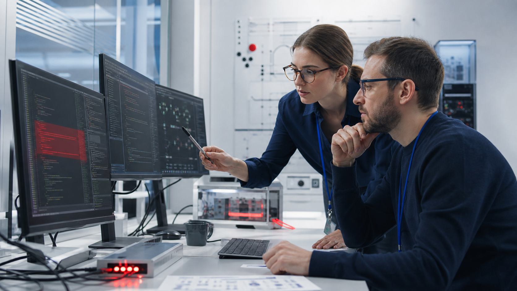 Security engineers reviewing an AI-generated vulnerability report inside an isolated code-analysis environment