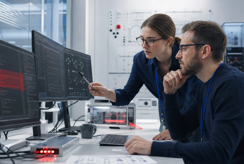 Security engineers reviewing an AI-generated vulnerability report inside an isolated code-analysis environment