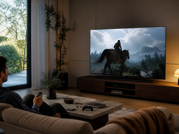 OLED television compared in a bright living room and a dark cinema setting