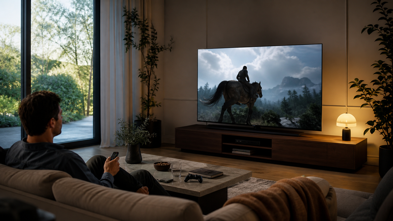 OLED television compared in a bright living room and a dark cinema setting