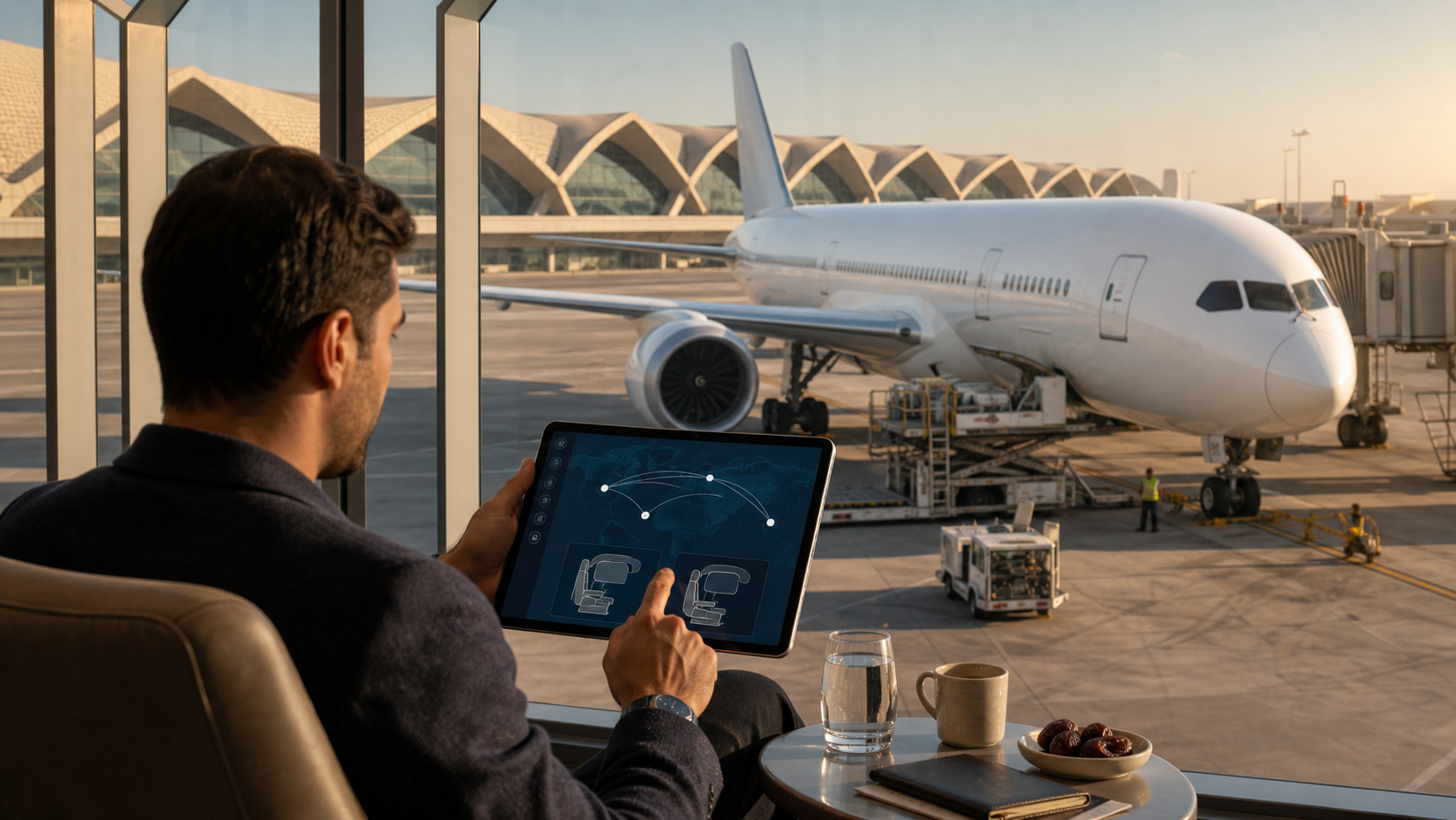Business traveller reviewing new Riyadh routes and premium cabin options