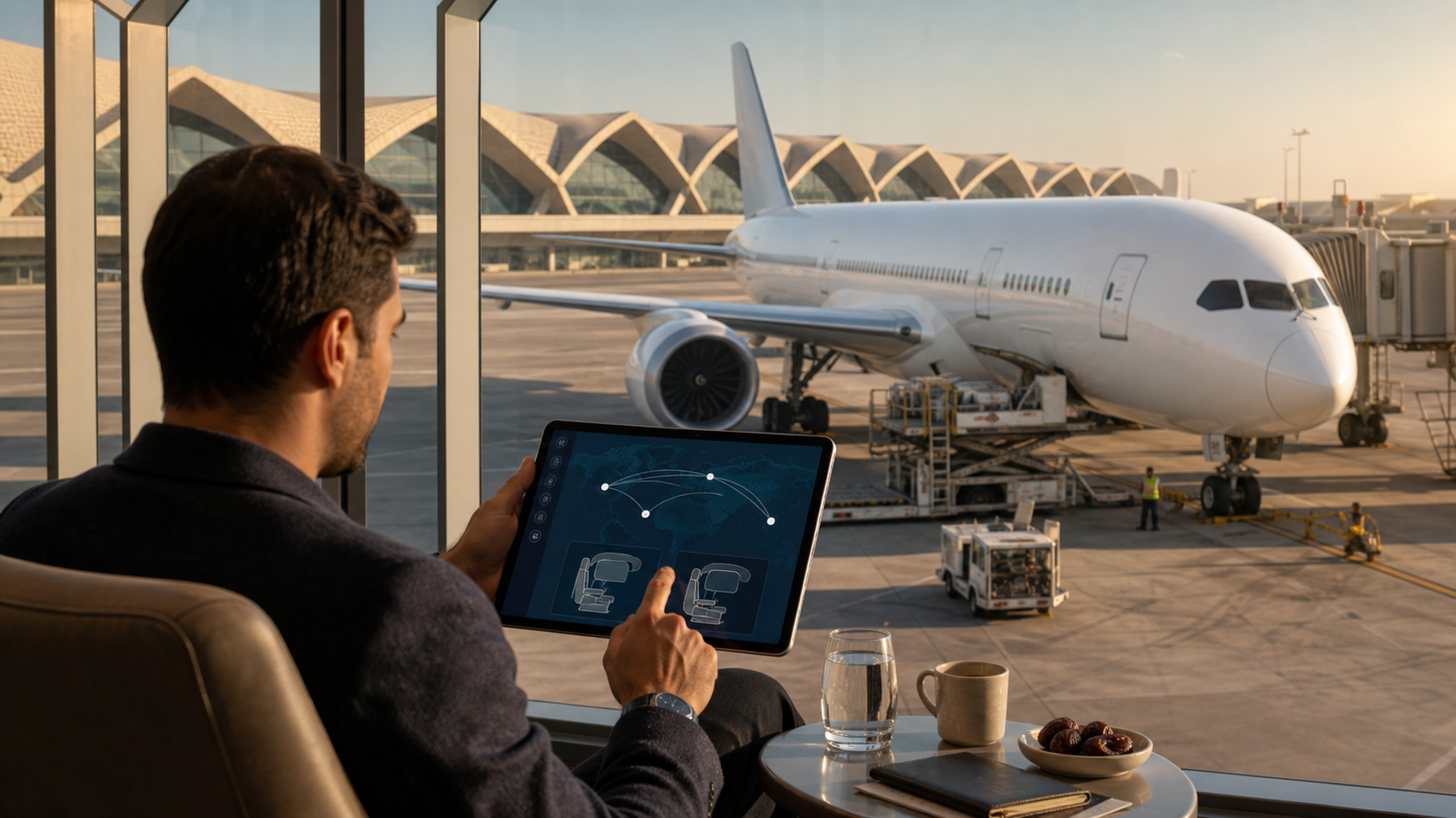 Business traveller reviewing new Riyadh routes and premium cabin options