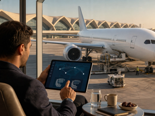 Business traveller reviewing new Riyadh routes and premium cabin options