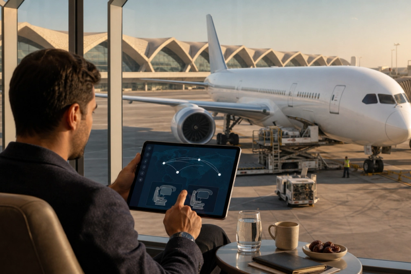 Business traveller reviewing new Riyadh routes and premium cabin options
