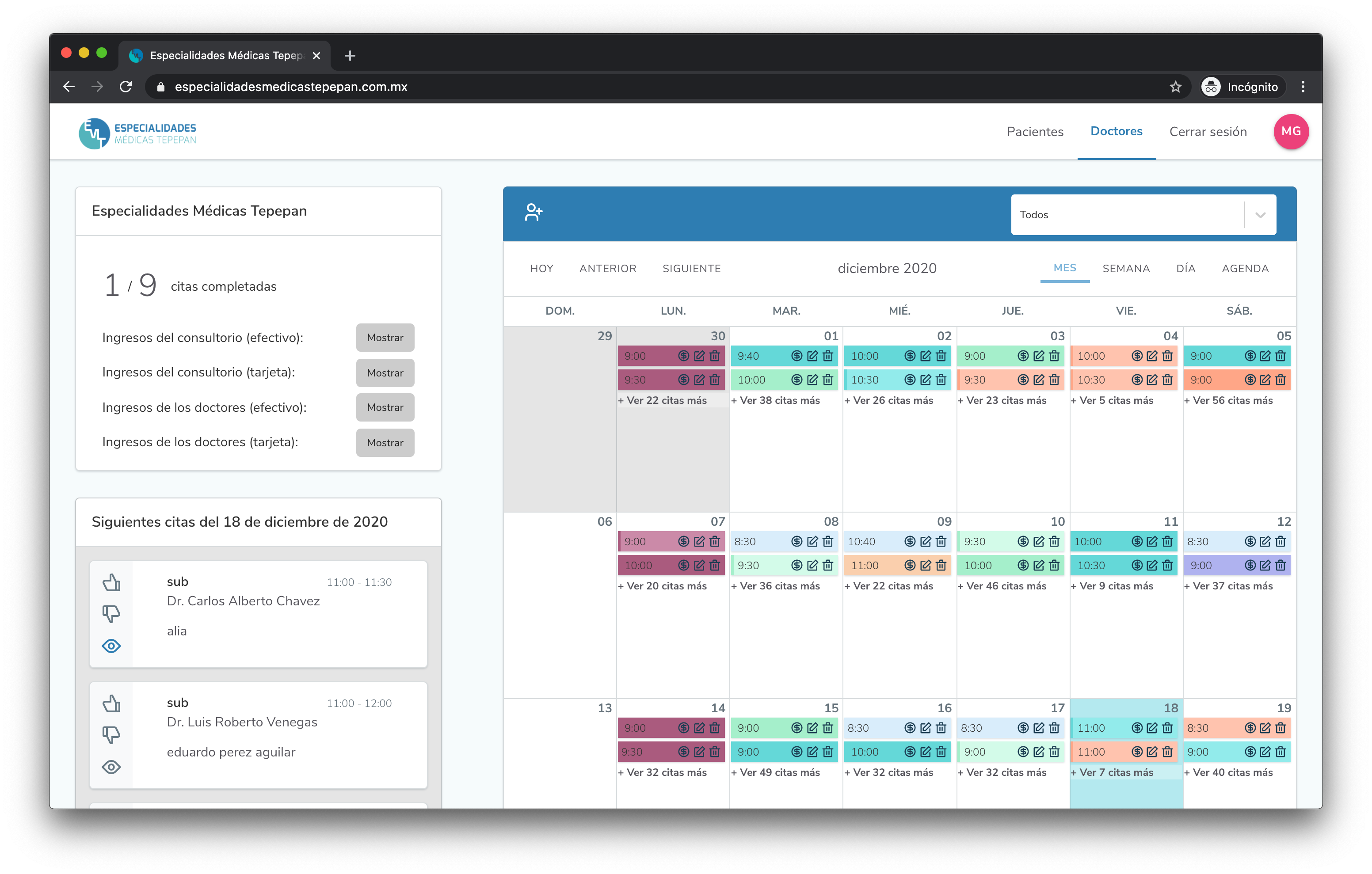 Main view of the booking system.