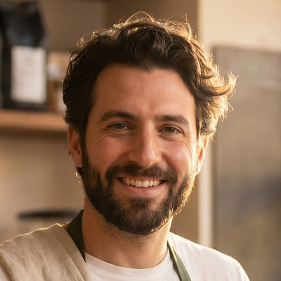Un ritratto ravvicinato e caloroso di un uomo sorridente con capelli ricci scuri e barba, che indossa una t-shirt bianca e un grembiule.