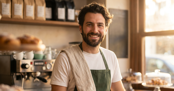 Un ritratto ravvicinato e caloroso di un uomo sorridente con capelli ricci scuri e barba, che indossa una t-shirt bianca e un grembiule.