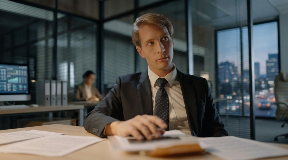 Una donna con capelli ricci e giacca blu guarda dei documenti cartacei con un'espressione perplessa in un ufficio moderno.