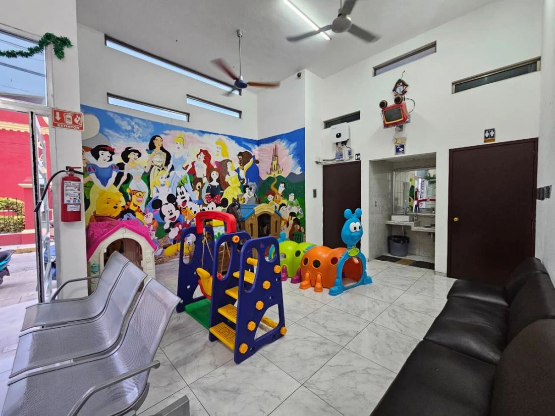 Área infantil con mural de personajes pintado a mano, resbaladilla, casita de juegos y túnel de colores