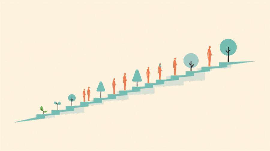 Espectro visual desde un brote pequeño hasta un árbol, con figuras humanas repartidas a lo largo representando la variedad real de 18 a 254 días para formar un hábito