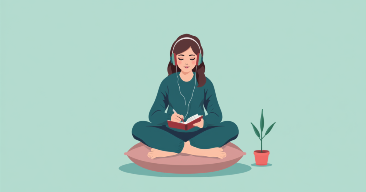 Chica estudiando sentada en un cojín con cascos y un cuaderno, ambiente acogedor