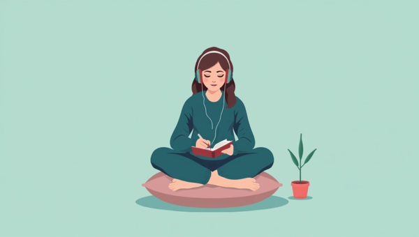 Chica estudiando sentada en un cojín con cascos y un cuaderno, ambiente acogedor