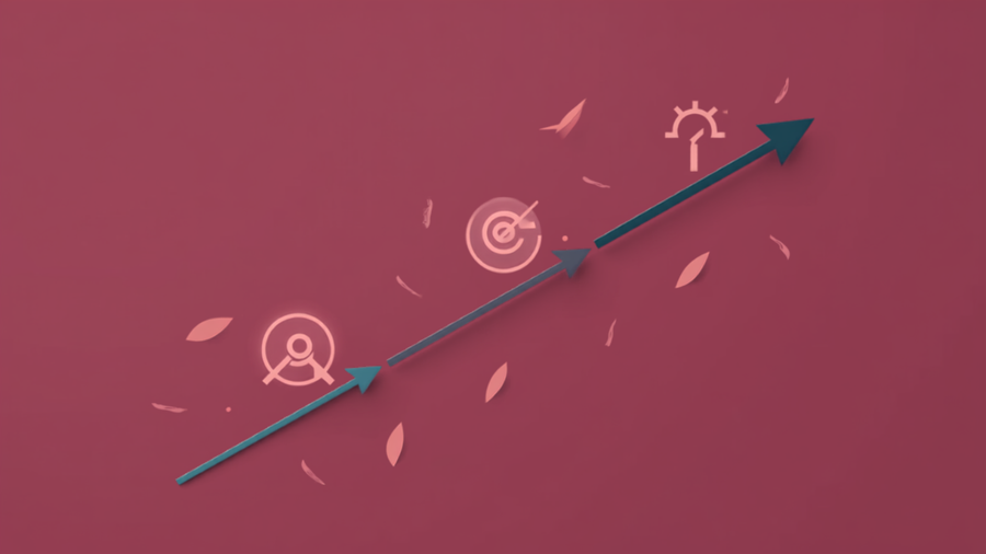 Iconos de revisar, planear y comprometerse en flujo diagonal, representando la estructura de una sesión de coaching