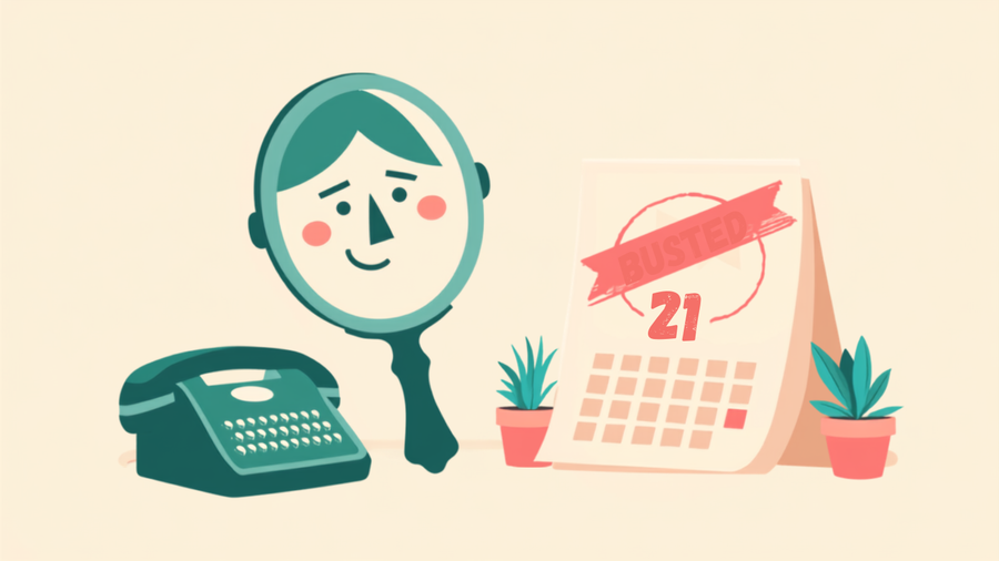 Ilustración vintage con un espejo de mano y una página de calendario retro con el número 21 tachado, representando el origen del mito de los 21 días