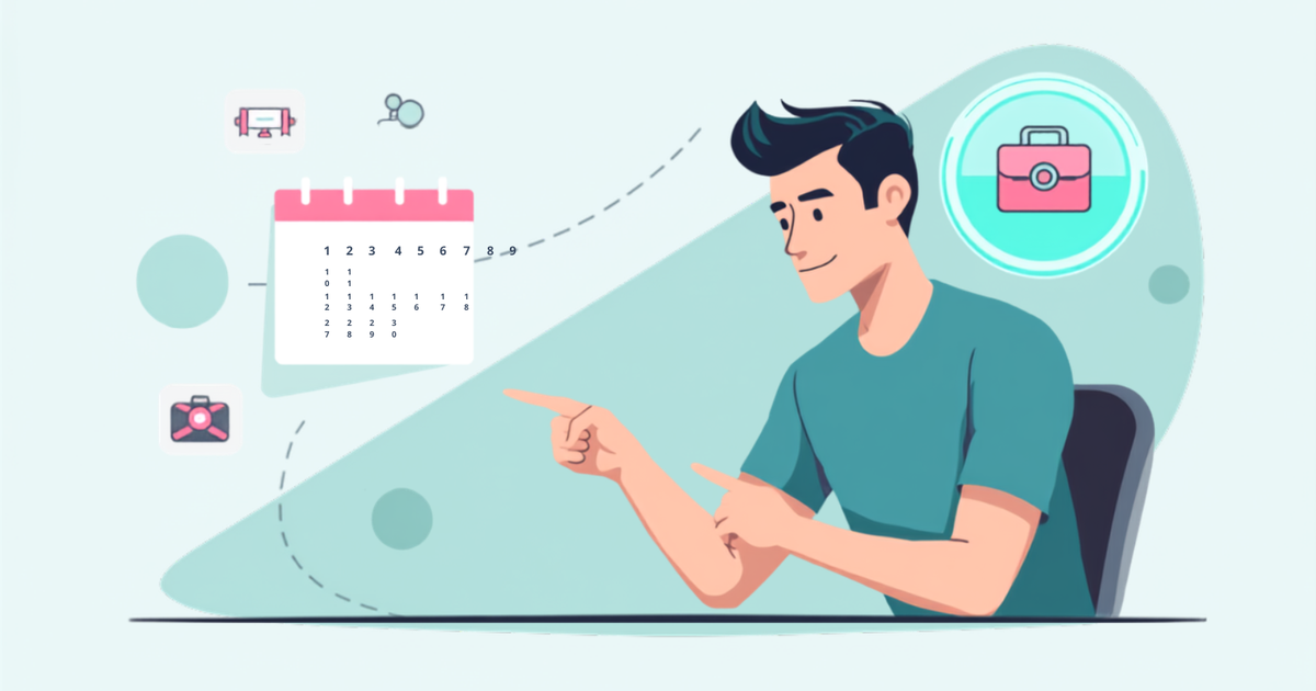 Hombre frente a un calendario con el último cuatrimestre destacado, señalando uno entre tres iconos profesionales flotantes
