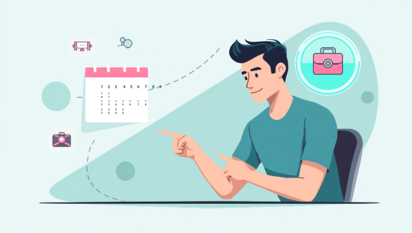 Hombre frente a un calendario con el último cuatrimestre destacado, señalando uno entre tres iconos profesionales flotantes