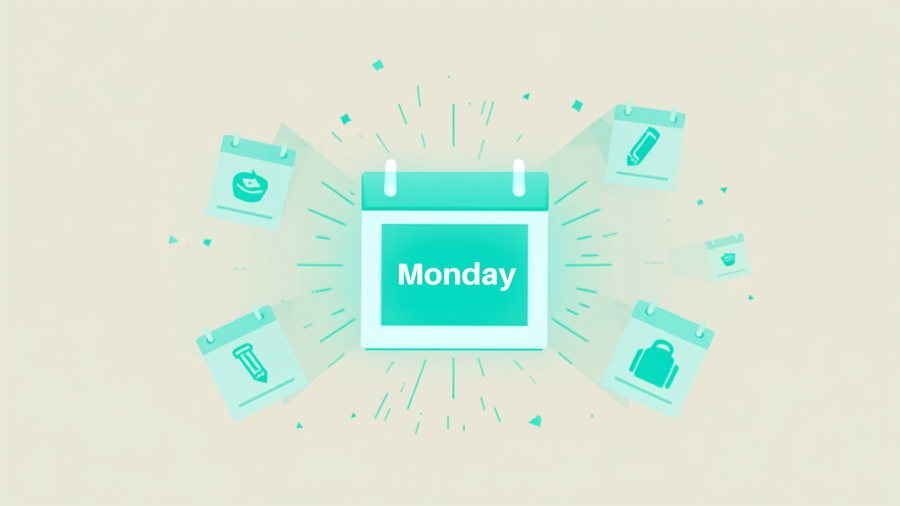 Página de calendario con un lunes destacado y páginas de fondo mostrando cumpleaños y vuelta al cole, representando distintos hitos de reinicio a lo largo del año