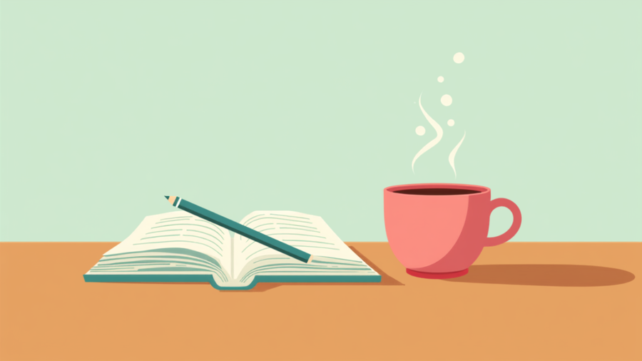 Cuaderno abierto con lápiz junto a una taza de café humeante sobre una mesa de madera