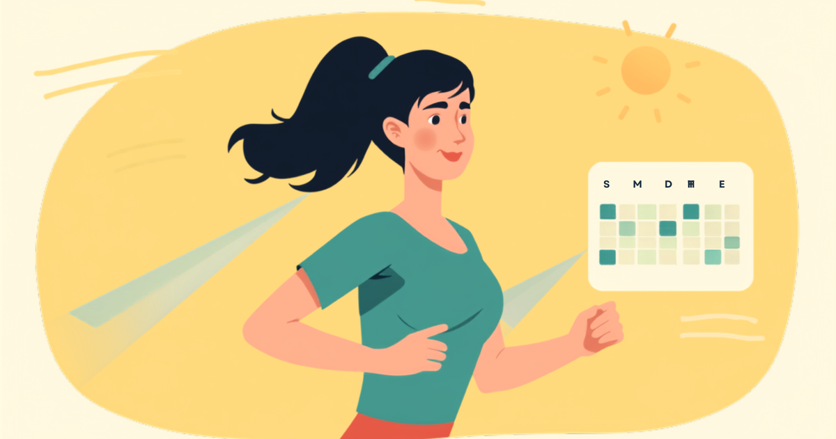 Mujer trotando con calma al aire libre, con un pequeño calendario mostrando solo dos días marcados por semana