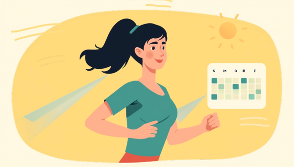 Mujer trotando con calma al aire libre, con un pequeño calendario mostrando solo dos días marcados por semana