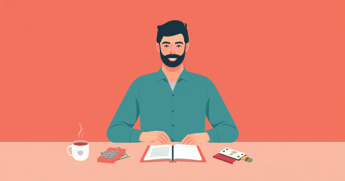 Hombre revisando sus finanzas personales con calma en una mesa, cuaderno y calculadora