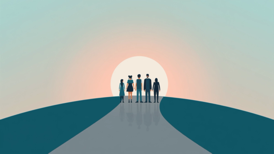 Grupo de personas mirando hacia un horizonte luminoso con un camino que se abre ante ellas, representando el futuro de Hithabit