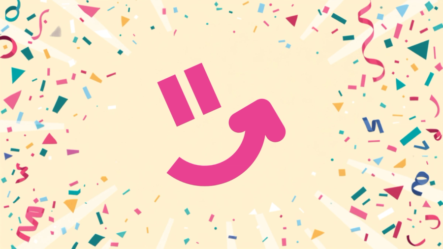 Confeti de colores de la marca Hithabit con el logo de la sonrisa en el centro, celebrando el día del lanzamiento