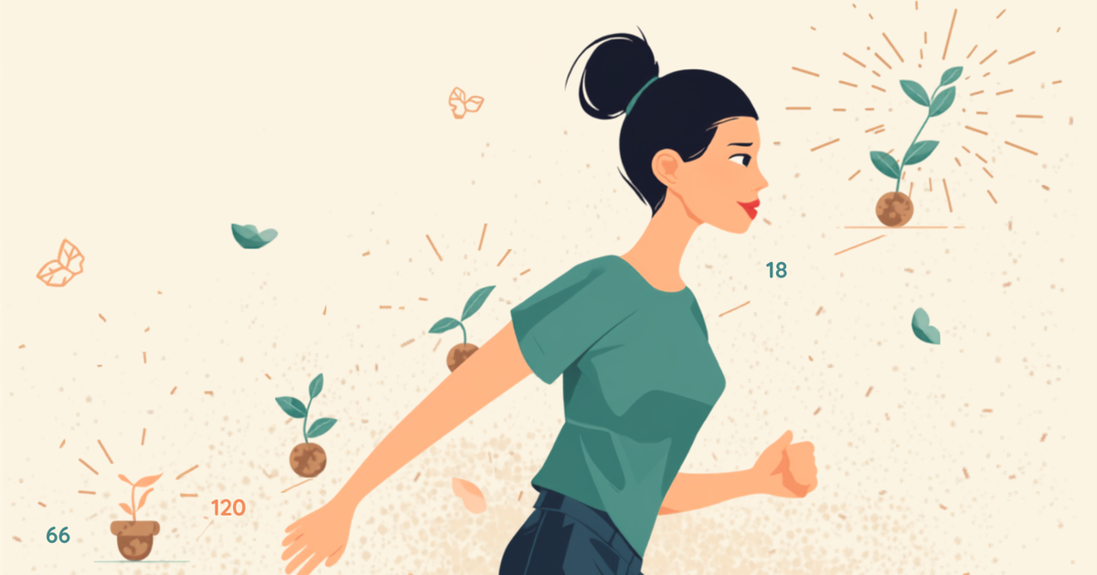 Mujer caminando con energía junto a una hilera de plantas creciendo que representan los días 18, 66, 120 y 254 de formación de un hábito