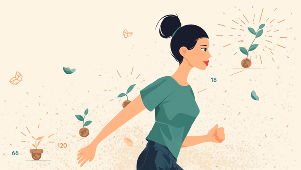 Mujer caminando con energía junto a una hilera de plantas creciendo que representan los días 18, 66, 120 y 254 de formación de un hábito