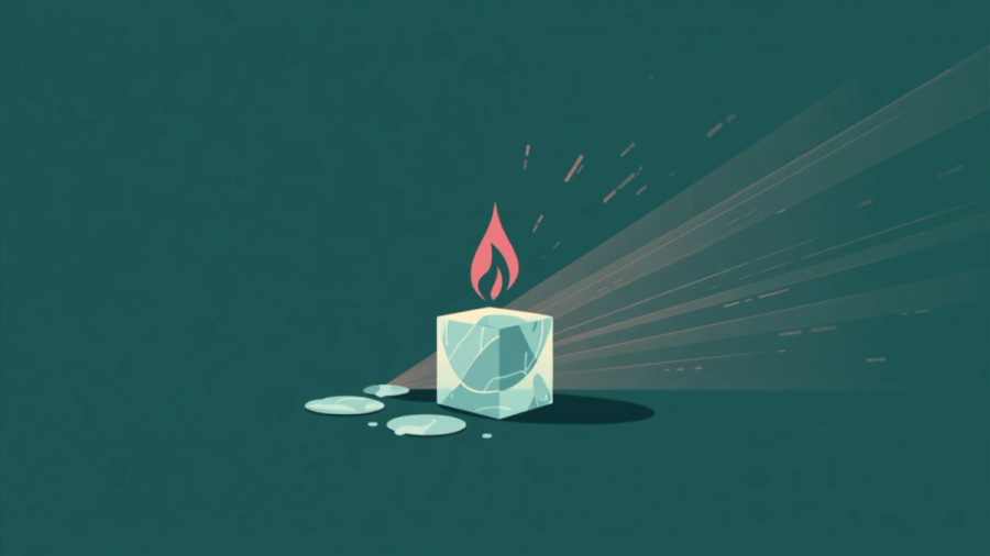 Cubito de hielo derritiéndose junto a un pequeño reloj de arena, representando una idea que se enfría si no se actúa rápido