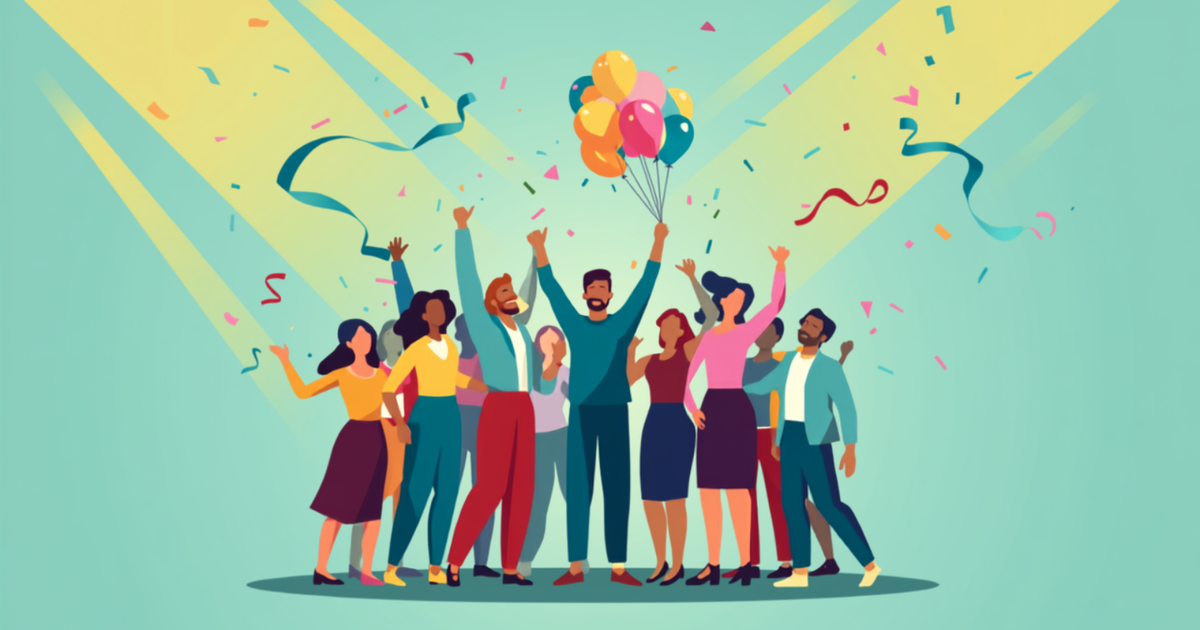 Grupo de personas celebrando juntas con confeti y globos, marcando el lanzamiento de Hithabit