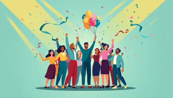 Grupo de personas celebrando juntas con confeti y globos, marcando el lanzamiento de Hithabit