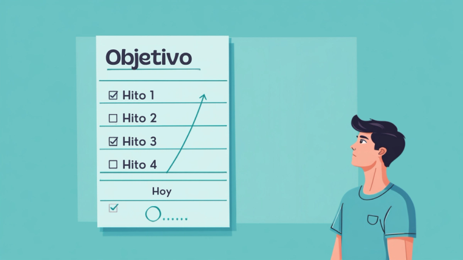 Planificador de pared mostrando un objetivo grande con flecha hacia atrás pasando por hitos intermedios hasta la primera acción de hoy