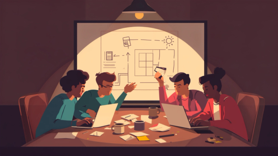 Equipo trabajando junto de noche alrededor de una mesa con portátiles y notas, representando los meses de trabajo detrás de Hithabit