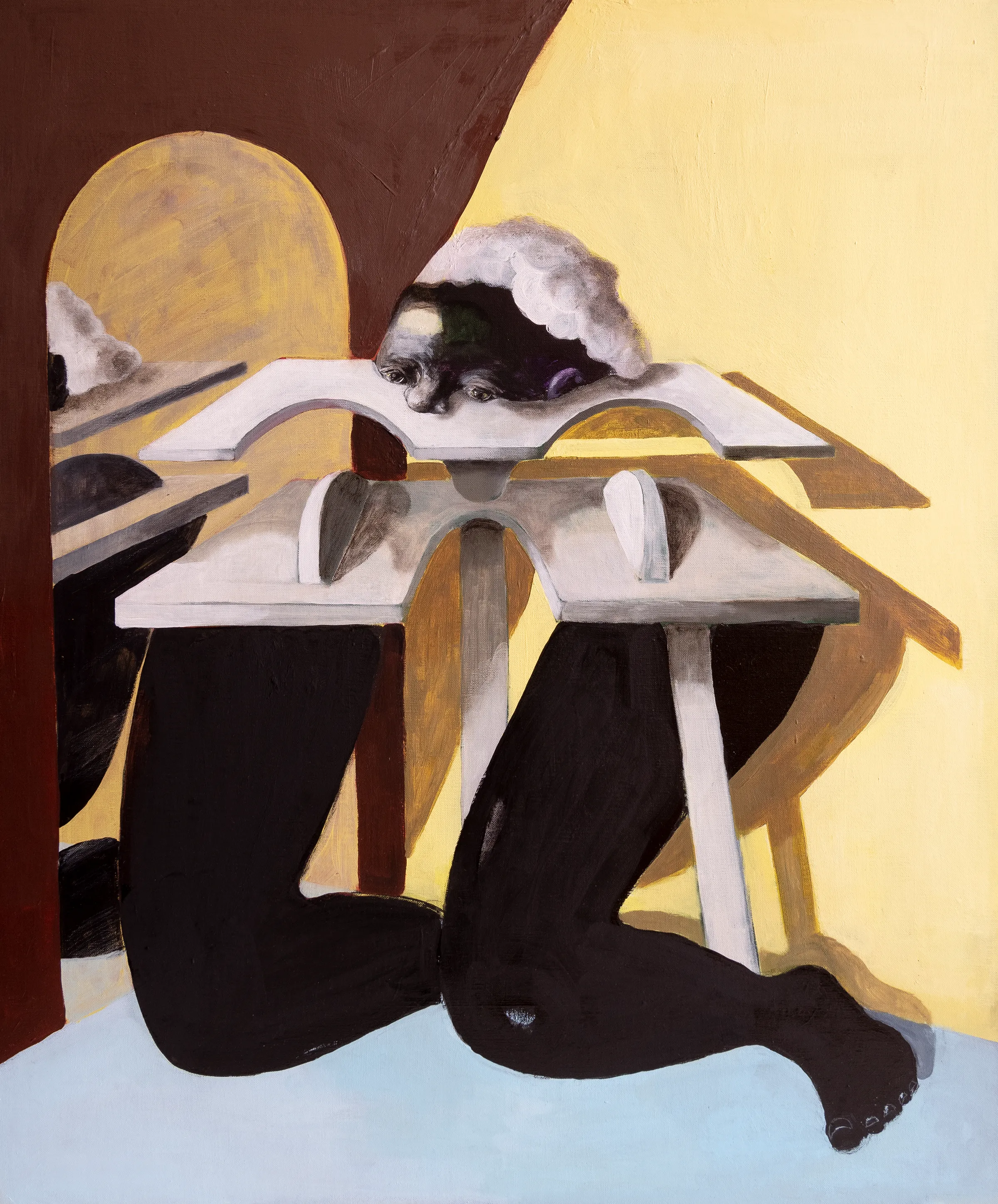Painting of a seated figure in blue