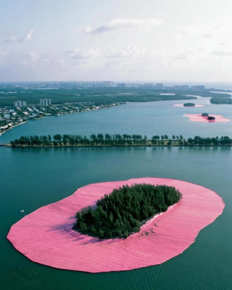 Island surrounded by bright pink fabric