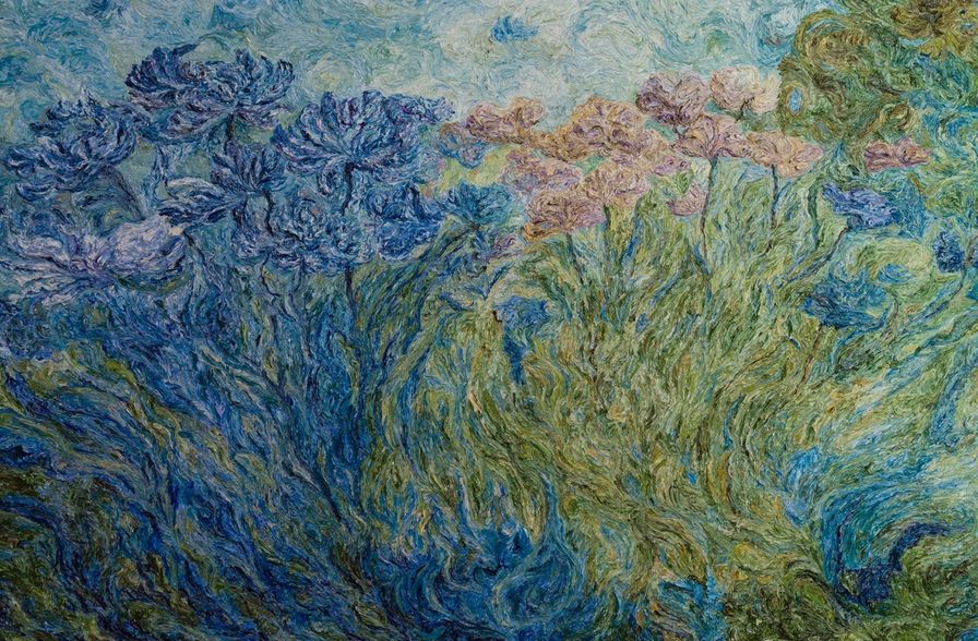 Blue figurative artwork beneath a bright moon