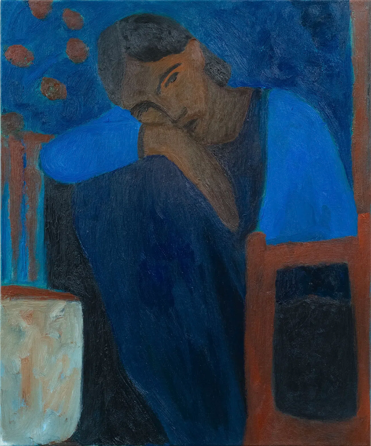 Painting of a seated figure in blue