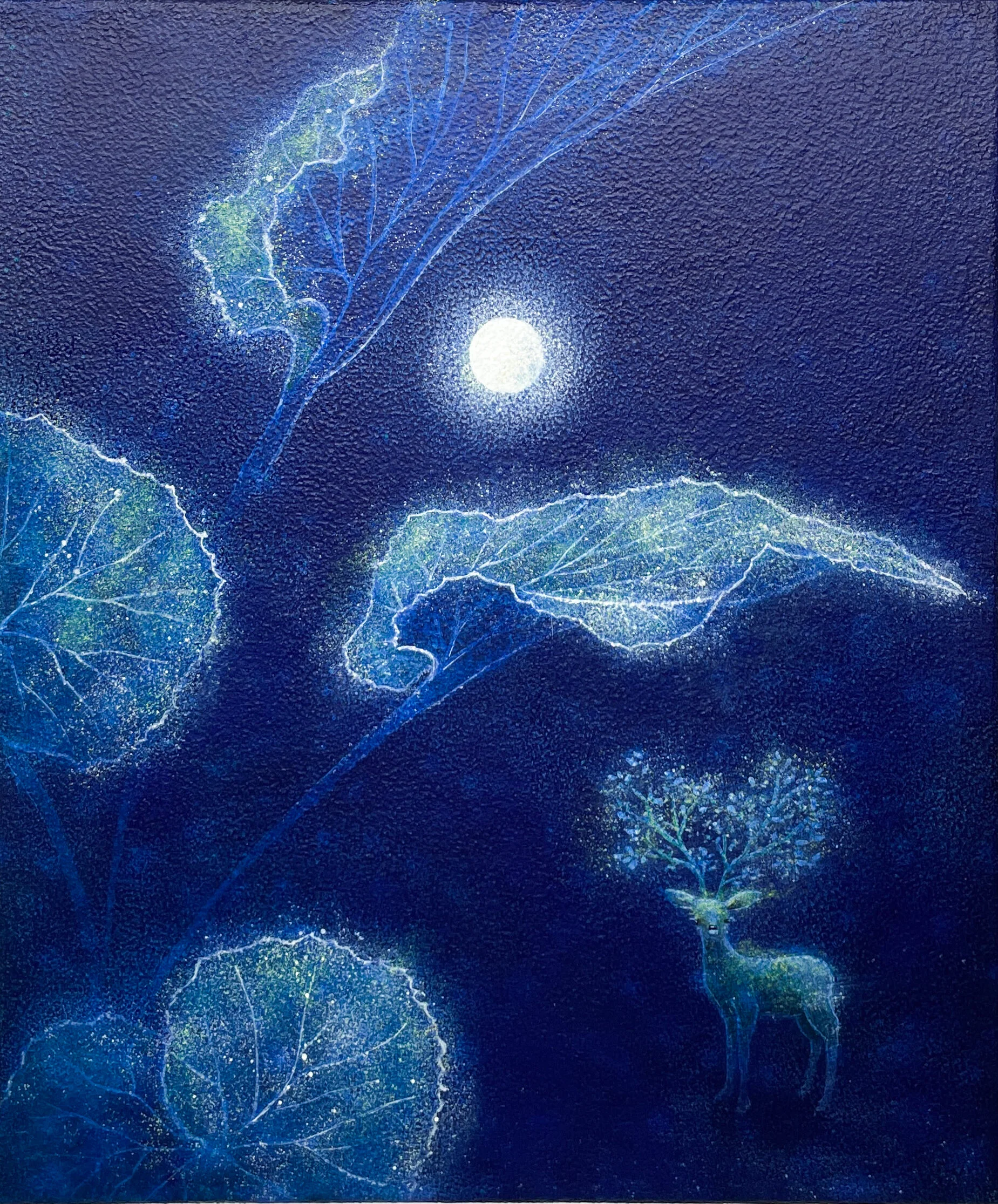 Blue figurative artwork beneath a bright moon
