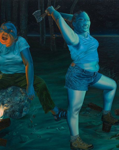 Blue figures gathered around a fire