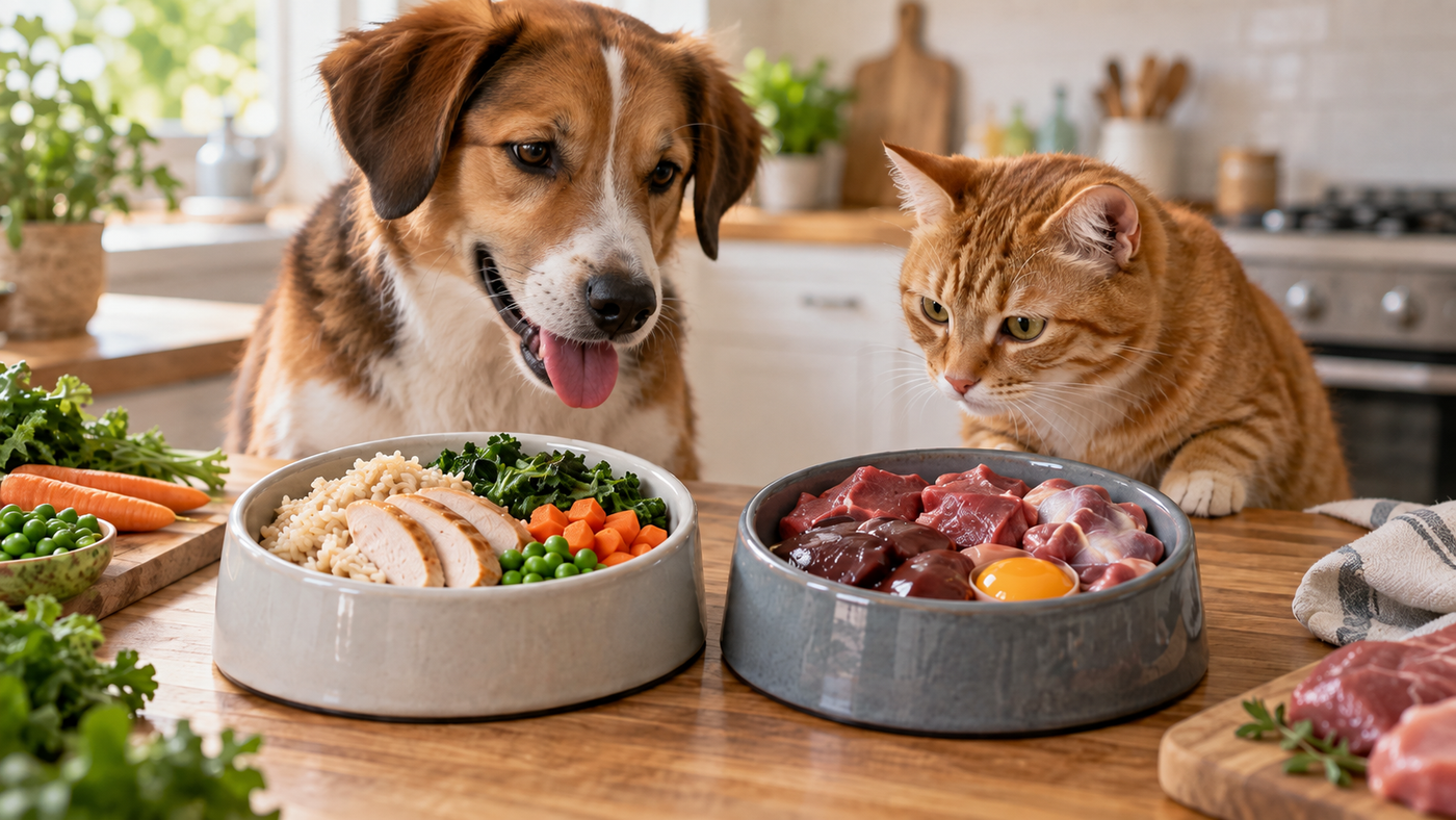 Cover image for a pet nutrition blog showing an orange tabby cat and mixed-breed dog examining two bowls of fresh pet food in a bright home kitchen, with one bowl containing home-cooked chicken, rice, and vegetables and the other containing raw meat, organ meat, and egg, illustrating the differences between home-cooked and raw diets for dogs and cats.