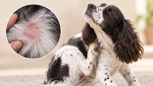 Black-and-white dog scratching its neck beside a close-up inset showing red, irritated skin beneath the fur. SEO image description: Dog scratching due to itchy, irritated skin, with a close-up showing redness and inflammation commonly associated with skin allergies, environmental allergies, dermatitis, or secondary skin infections in dogs.