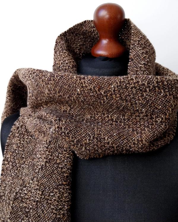 Handwoven merino wool scarf in brown creme tones, woven in a spot Bronson structure.