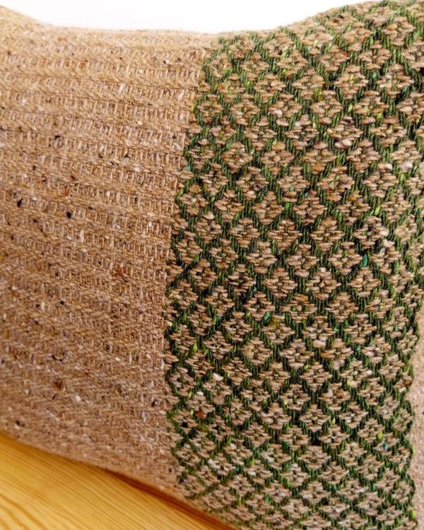 Handwoven merino wool cushion cover with green geometric pattern